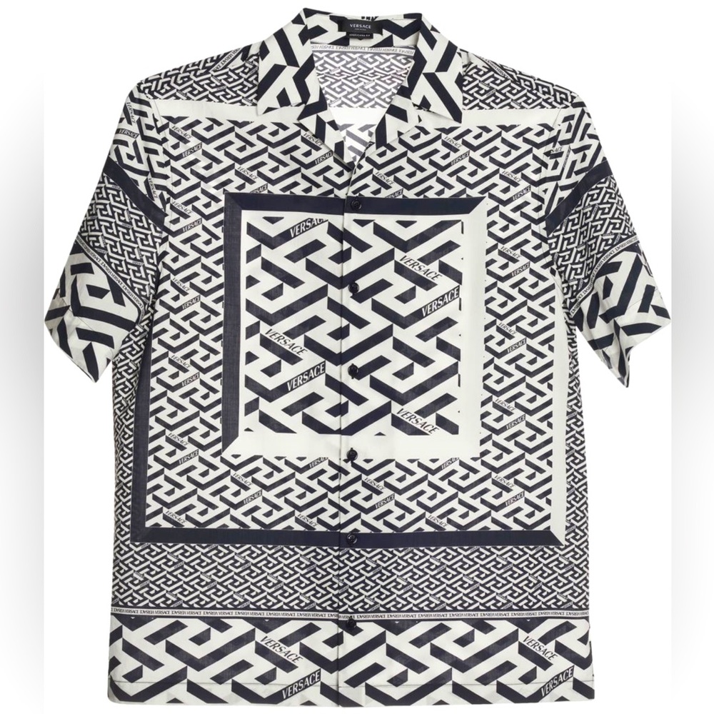 PRISTINE Versace Geometric Black & White Camp Shirt